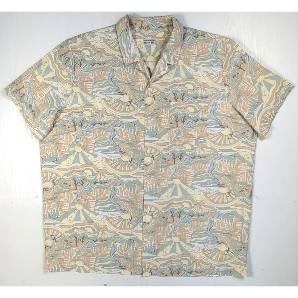 Life Is Good Men’s XXL Camp Shirt Gray Fish Print Short Sleeve Button Up Casual